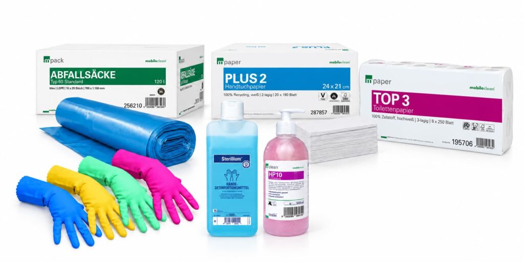 Hygiene- und Verbrauchsartikel wie Papier, Handschuhe und Desinfektionsmittel